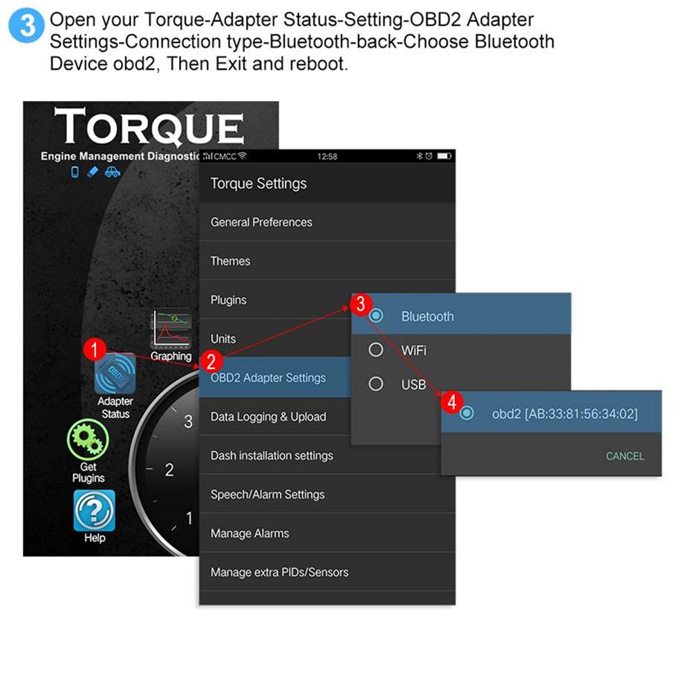 ANCEL ELM327 V1.5 Bluetooth OBD2 Scanner Strumento di diagnosi per auto Lettore di codici di errore del motore Mini adattatore OBDII ODB2 per Android