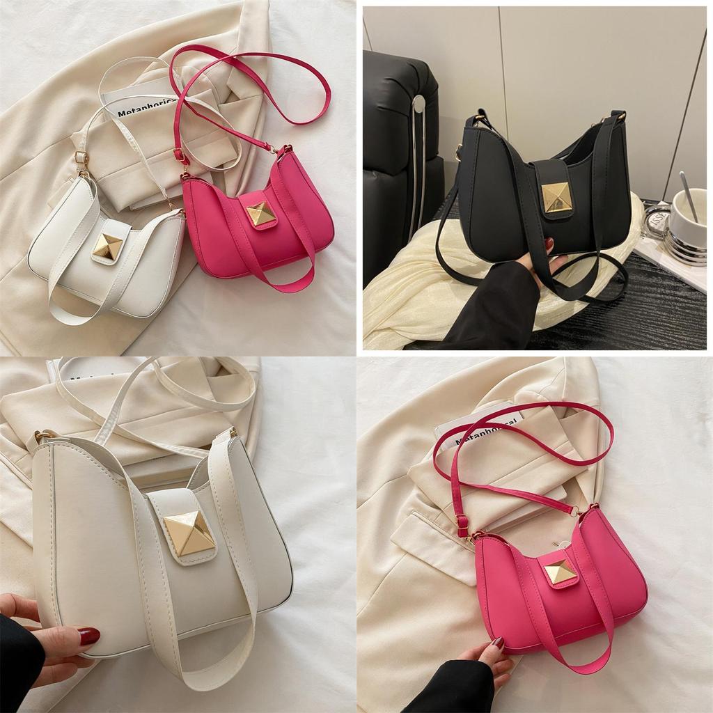 Simple Solid Color Gold Buckle Decoration Women Casual Shoulder Bag For Casual Street Style Women