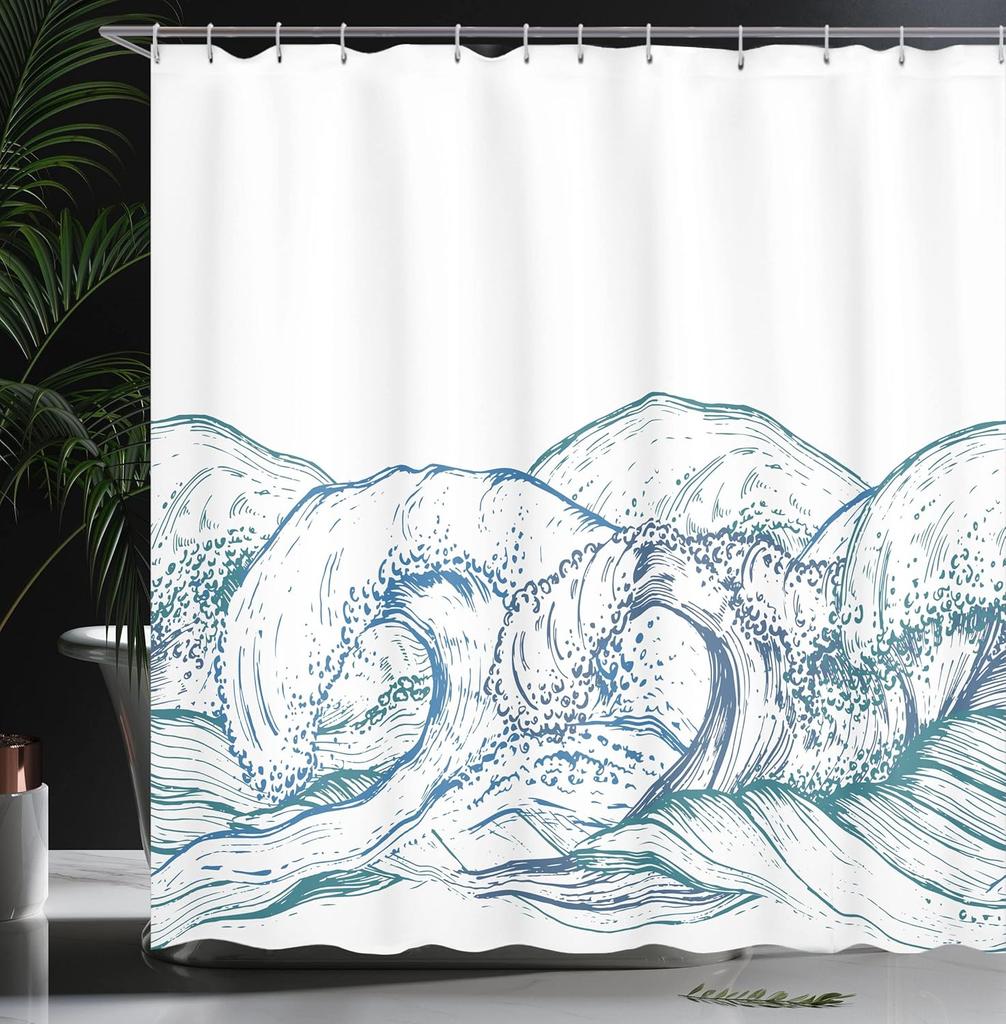 Wave Pattern Shower Curtain Ocean Design Blue Water Art Nautical Theme Bath Decor Waterproof Fabric Coastal Style Home