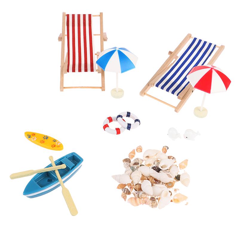 SoundsBeauty Doll House Accessories Miniature Beach Chair Umbrella Boat Shells Model Mini Ornament Children Toy Gift
