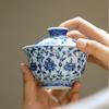 Retro Blue and White Porcelain Gaiwan Teacup Chinese Handmade Flower Pattern Tea Tureen Portable Ceramic Tea Bowl Teaware 160ml