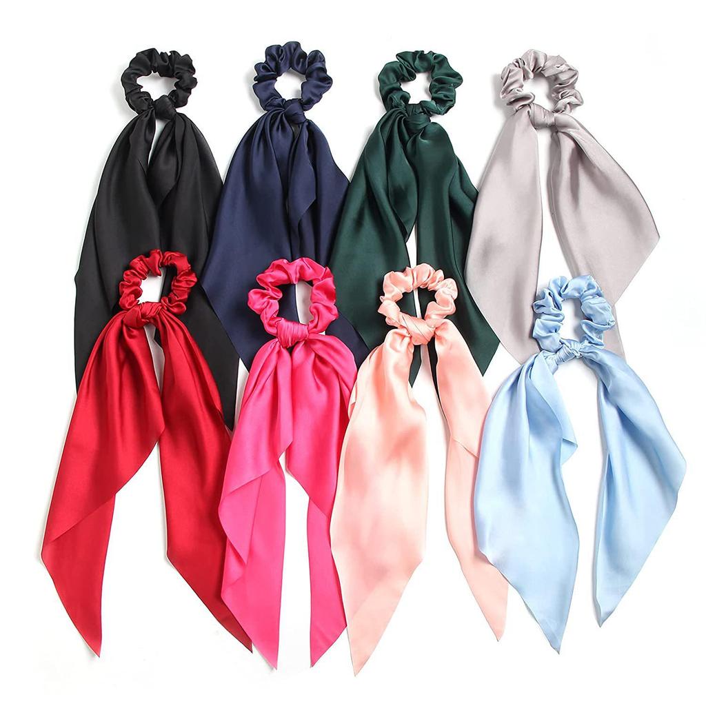 Solid Color Satin Flowing Ribbon Scrunchie & Silky Square Scarf Ponytail Hair Tie