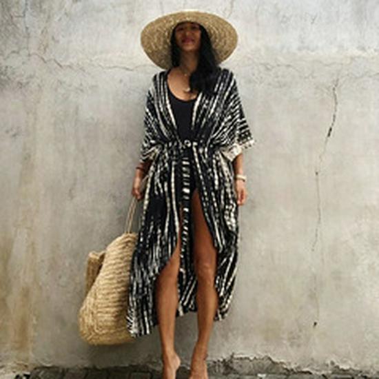 European & American Cotton Long Robe Beach Cover-Up: Solid Color Swimwear Sun Protection Dress