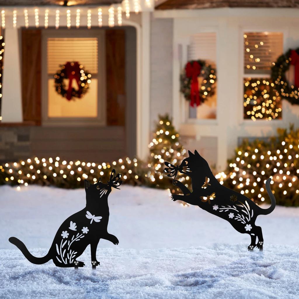 Metal Chicken or Cat Silhouette Garden Decor Iron Metal Statues Stakes Black Matte Finish Hollow out Lawn Silhouette for Outdoor