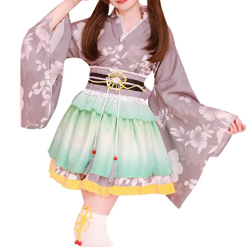 Japanisches Lolita Kimono Kleid mit Kirschblüten Haori und Miniskirt Cosplay Sommer Feuerwerk Bühnenkleidung Muster, Set, Yukata, Kostüm, Festival,