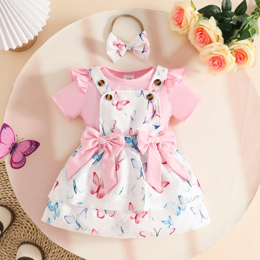 Baby Summer Outfit Set Girl Short Sleeve Bodysuit Romper Ladybug Print Dress with Bowknot Straps and Headband Infant Clothes