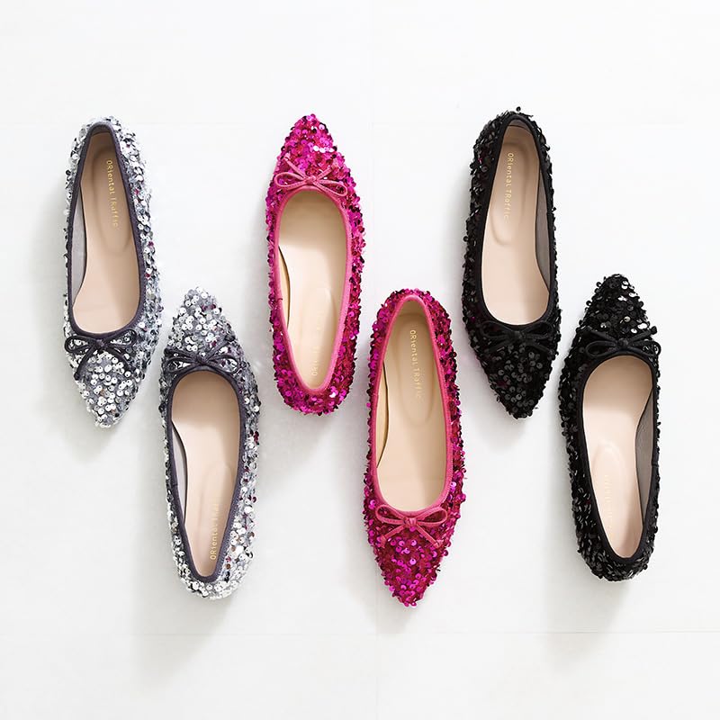 Ballet Pointed 41315 cm [Oriental Traffic] Pumps, Shoes, Flats, Toe, Sequins, Sparkling, Ribbon, Occasion, Gorgeous, Women's, GREY, 26.0