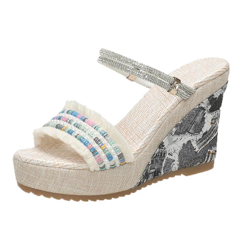 Fashion New Summer Fashion Wedge Heel Sandals Woman Bohemian Crystal Strap Platform Sandals for Women Thick Sole Non Slip Beach Slippers