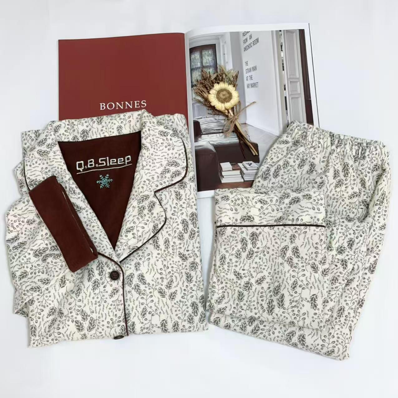 

100% Бавовняна Двостороння Фланелева Піжама з Квітковим Принтом, Корейський Стиль, Довгий Рукав та Штани Домашній Одяг на Осінь/Весну Medium сірий колір