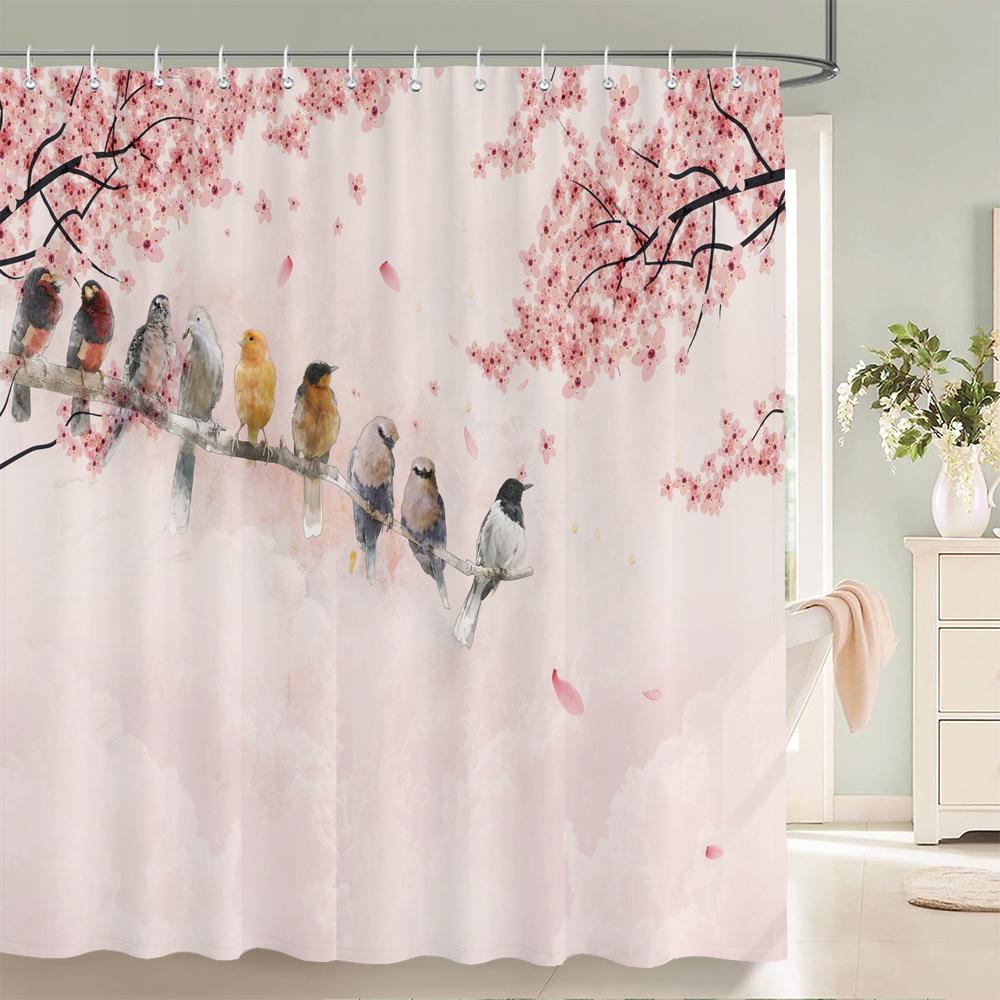 

Flowers Birds Bath Curtain Waterproof Fabric Shower Curtains Floral Leaves Landscape Printing Bathroom Screen Home Decoration W90xH180cm