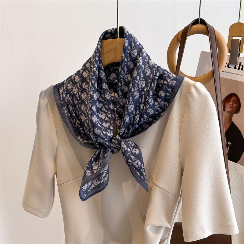 

Women s Silk Small Square Scarf | Blue Alphabet Print Versatile Fashion Neckerchief Thin Cotton-Linen Scarf for Spring & Autumn