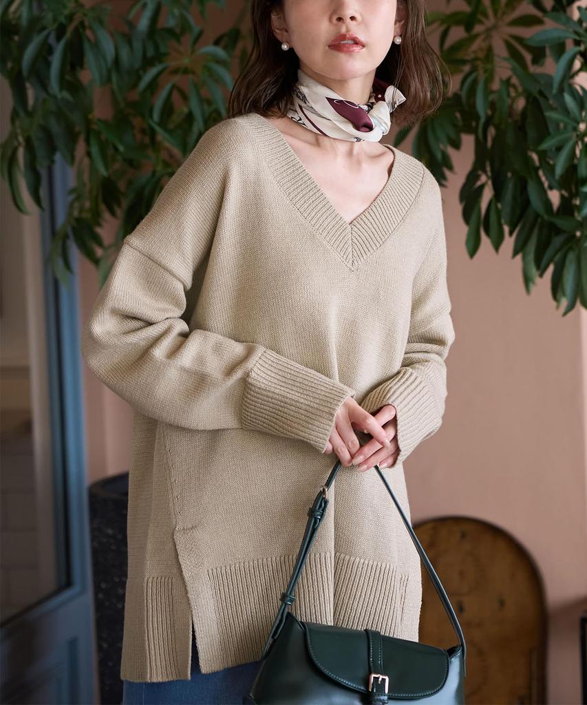 ROPE PICNIC Knit Pullover Knit Beige [WEB Exclusive] Mid-Gauge V-Neck Pullover/Anti-Static/Machine Washable, Women's, GDM64010, (27)