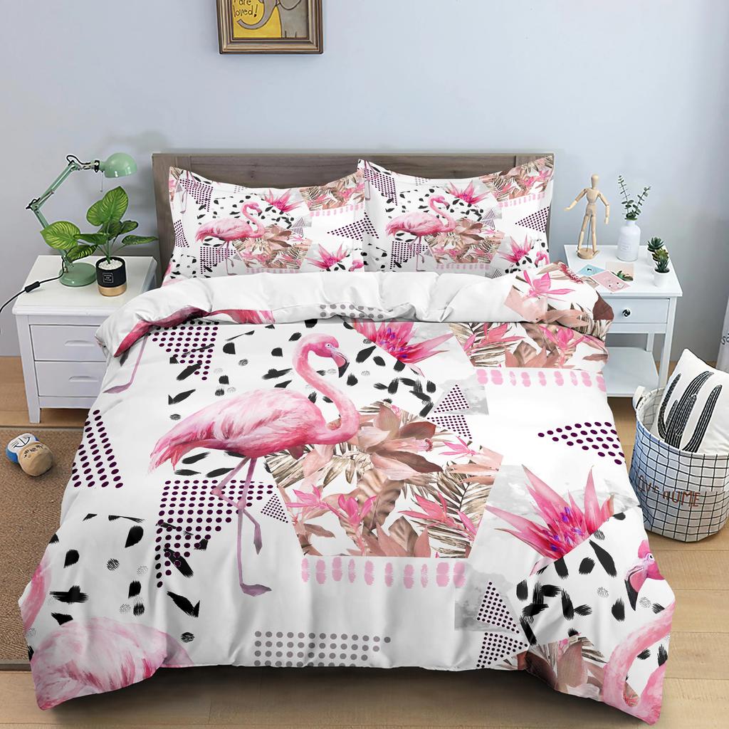 Girls Boys Tropical Botanical Leaves Flamingo Bedding Set Palm Leaf Comforter Cover King Size Toucan Flamingos Duvet Cover Kids