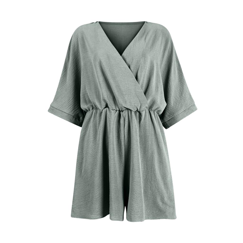 Women's Fashionable Solid Color V-neck Short Sleeved Loose Jumpsuit