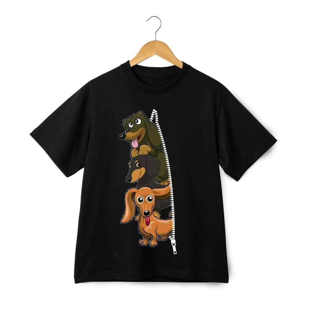 Dachshund Zipper T-Shirt - Unisex Funny Wiener Dog Cartoon Graphic Tee