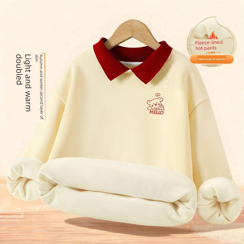 Girls' Sweatshirt Autumn and Winter Style A-Class Children's Autumn Clothing Fleece-Lined Thickened Warm Long-Sleeve T-Shirt Girls' Collared Top