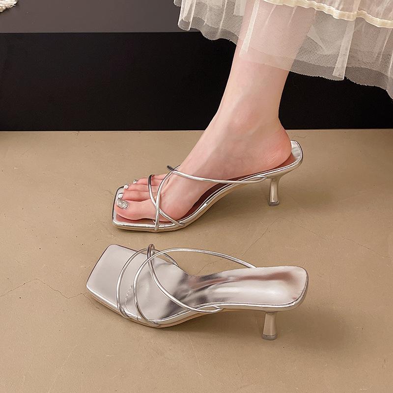 

Thin strap square head one-word sandals female niche temperament versatile sandals silver thin heel high heel sandals female 35
