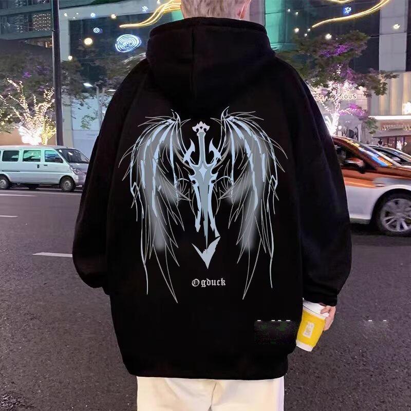 Unisex Dark Street Style Hooded Sweatshirt with Trendy Wings Design