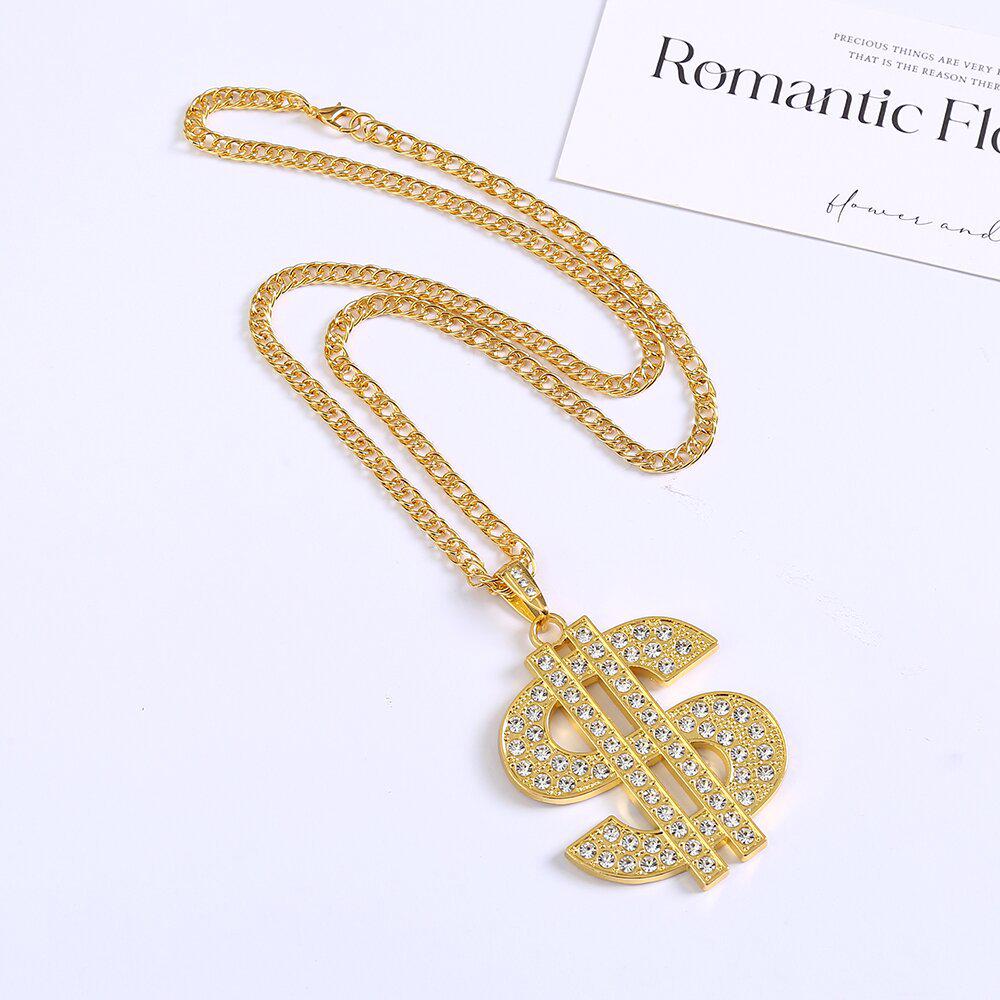 Unisex Retro Hip Hop Rhinestone Dollar Symbol Pendant Necklace