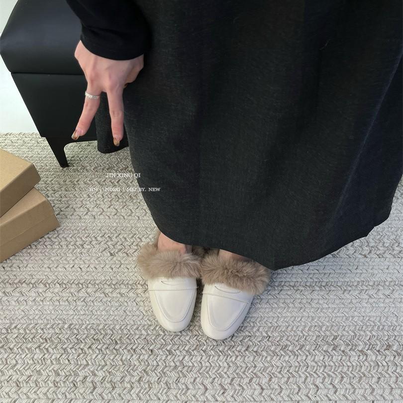 Fleece warm 3cm low-heeled autumn and winter half slippers 2025 new square head fluffy shoes women's leather flat-soled rabbit fur shoes