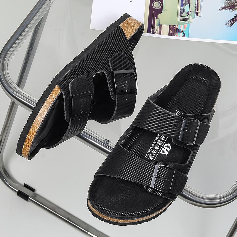 Summer Men's Cork Slippers Leather Slippers Man Soft Cork Two Buckle Versatile Beach Slides Non-slip Footwear for Men Size 35-46