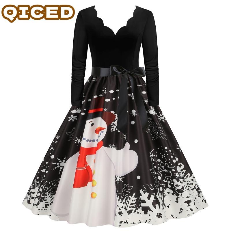 QICED Fashion Spring Autumn Long Sleeve V-Neck Casual Dresses