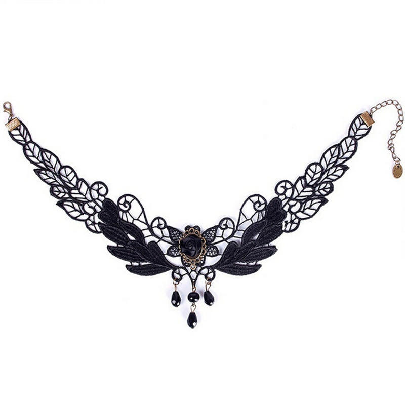 Fashion Women's Black Rose Teardrop Bead Pendant Lace Choker Lolita Collar Necklace