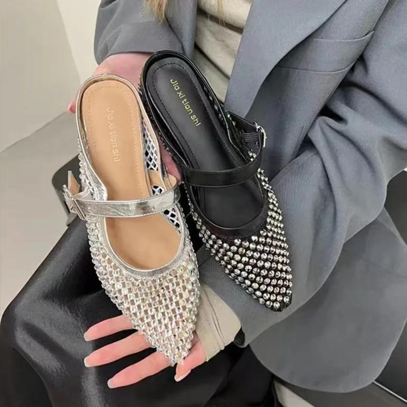 Fashion 2025 New Mesh Women's Closed Toe Slippers Fashion Crystal Pointed Toe Breathable Low Heel Sandals Summer Daily Dress Slippers