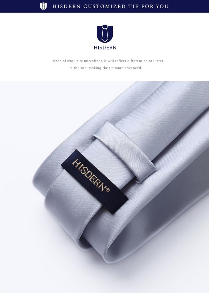 [HISDERN] Wedding Silver Tie and Pocket Square Set for Men, Plain Silk, High-End Brand, Formal, Gift, Business, Entrance Ceremony, Graduation