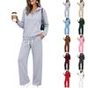 Damen Zweiteiler Langarm V-Ausschnitt Kapuzenpullover mit Taschen und Lockerer Passform Hose