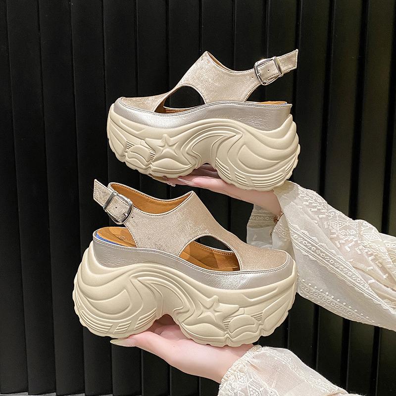 Fashion 9CM PU Microfiber Leather Breathable Sandals Flats Slipper Shoes Summer Round Toe Slip On Women Platform Wedge Flats High Brand