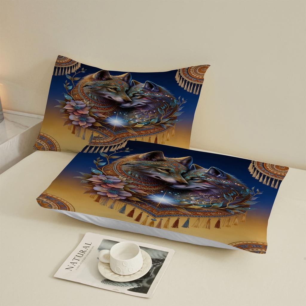 Wolf Couple Fitted Sheet Set Blue And Gold Mandala Floral Pattern With Pillowcases For Bedroom Decor