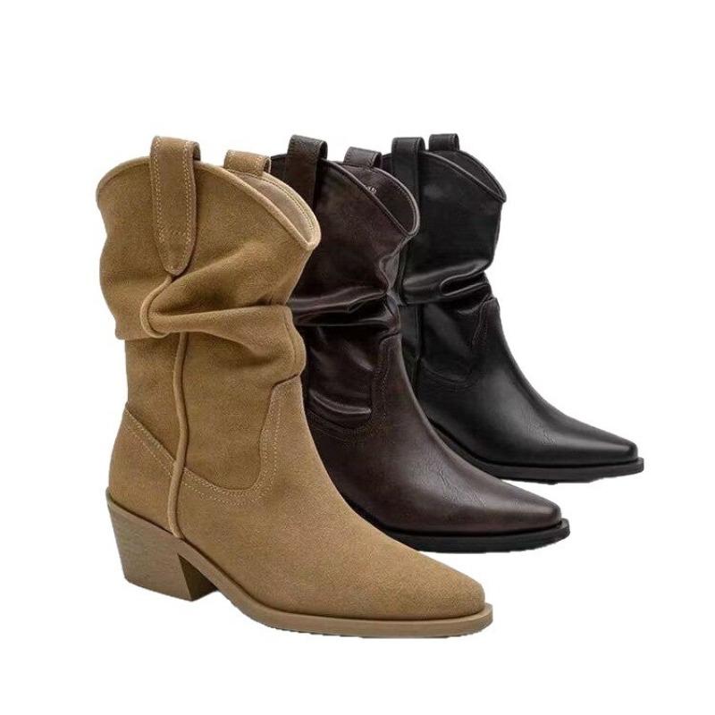 Retro Pointed-toe Mid-calf Knight Boots, New Slimming Boots, Dui Dui Boots, Chunky-heeled Women's Shoes