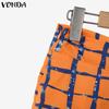 VONDA Women Outfits Plaid Print Long Flare Sleeve Blouse and Wide Leg Pants Casual Two Piece Suit