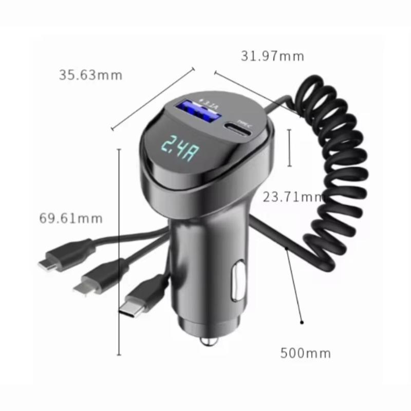 3 w 1 samochodowy Bluetooth 5.0 FM Transmiter Audio Odtwarzacz MP3 55 W Szybka ładowarka samochodowa z chowanym kablem Woltomierz 3.1 A Ładowarka do telefonu USB typu C