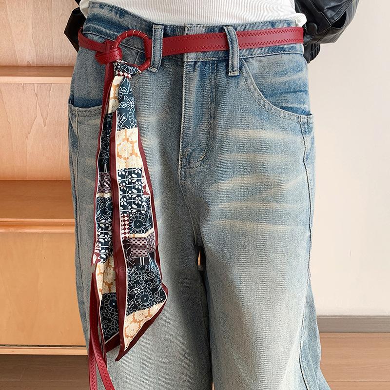Retro Ethnic Style Printed Silk Scarf Leather Waist Chain Bohemian Personality Belt Clothing Accessories