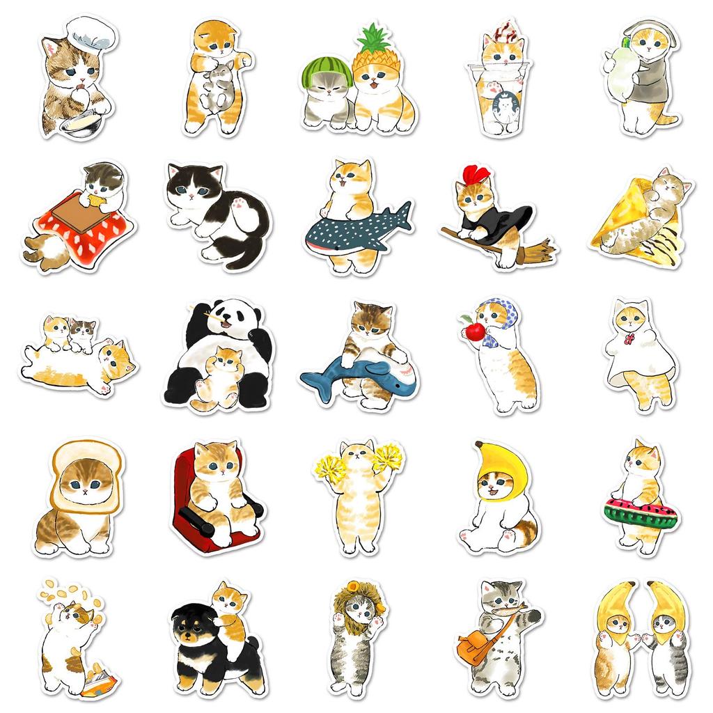 50 Cute Hand-Drawn Kitten Stickers: Waterproof Decals for Notebooks, Suitcases, Journals, and Water Bottles