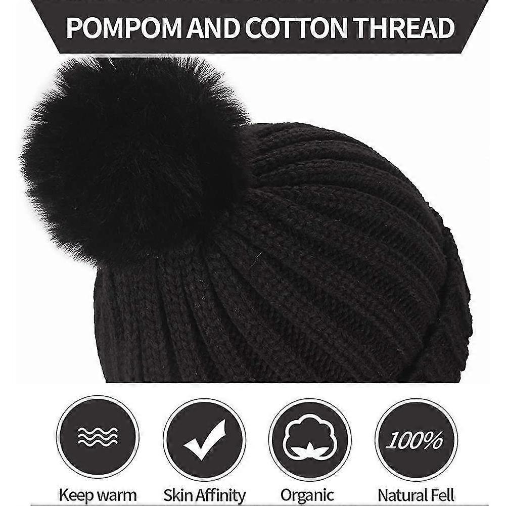 Lmell Beanie Hat With Large Faux Fur Bobble Pom Pom Fur Knitted Hat For Outdoor Camping Ski Caps