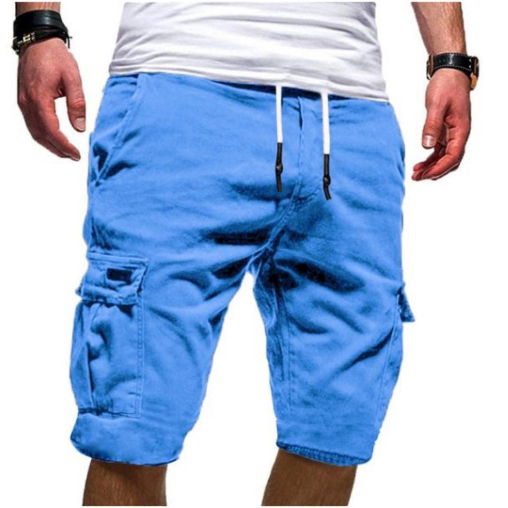 Herren Shorts Casual Einfarbig Elastische Taille Kordelzug Multi Pocket Design Outdoor Mittelhose Gerade Hose
