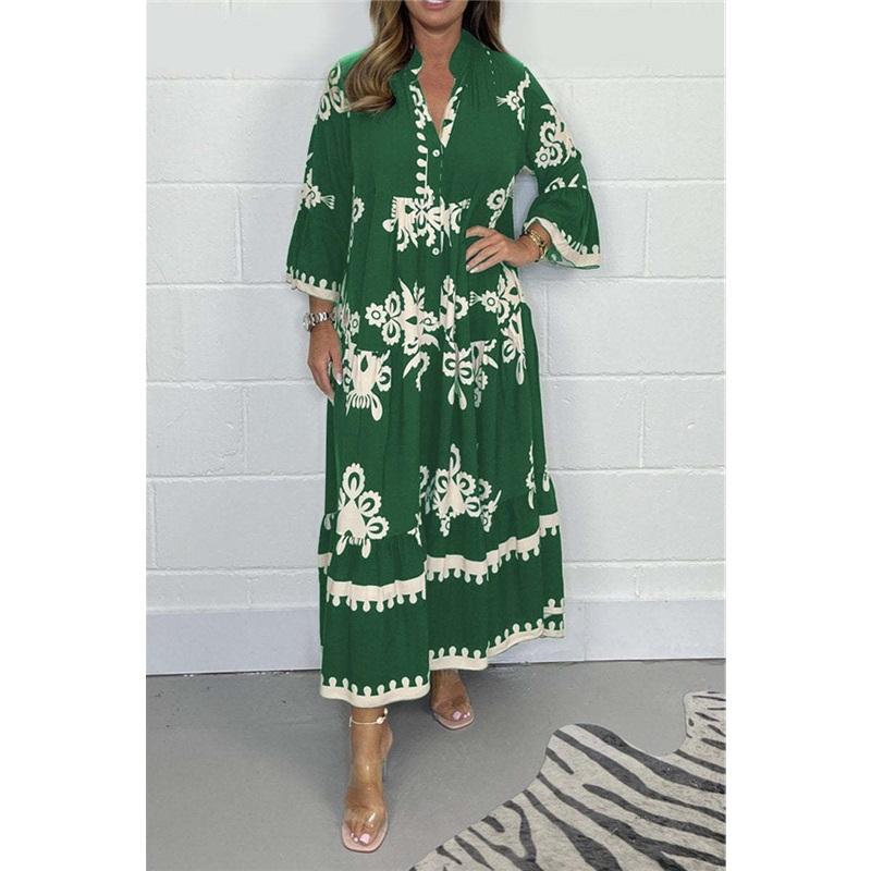European And American Style Ladies Summer Long-sleeved Collar Large Size Loose New Style Elegant Printed Stand-up Collar Waist Dress