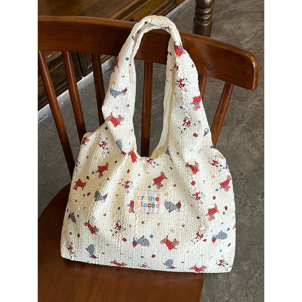 

Корейская милая мультяшная холщовая сумка с щенком, новая маленькая свежая наплечная сумочка, нишевая сумка-тоут большой вместимости бежевый