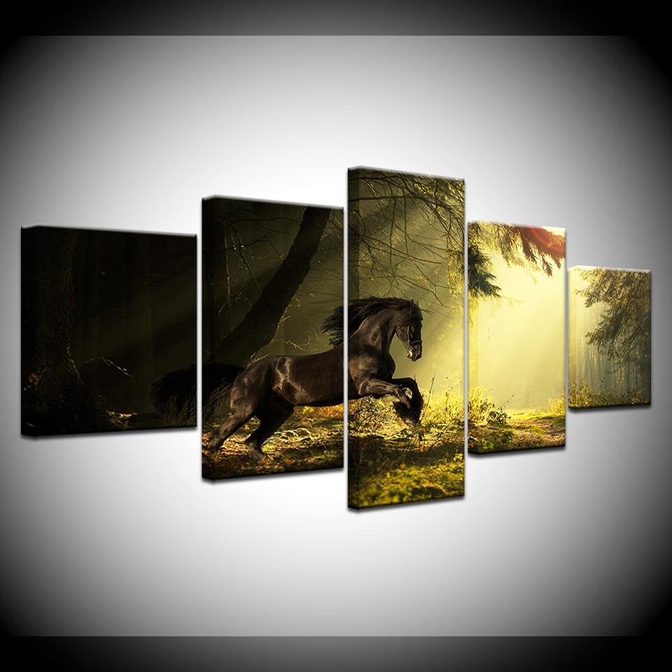 Canvas HD Prints Pictures Home Decor 5 Pieces Abstract Black Horse Painting Psychedelic Forest Unicorn Poster Wall Art Framework No Frame
