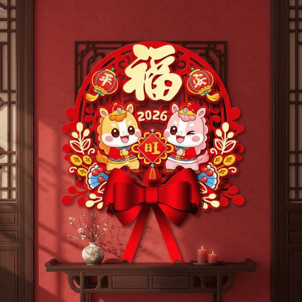 Traditional New Year Door Sticker Thickened Flocked Horse Year Door Sticker Cartoon Hollow 3D Fu Character Door Sticker