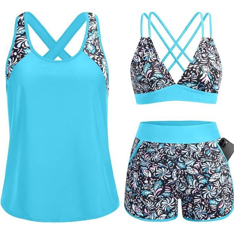 Costume da Bagno Intero a Tre Pezzi da Donna con Tasche Design Incrociato Bellissimo Dorso Bikini Boxer Costume da Bagno Sportivo
