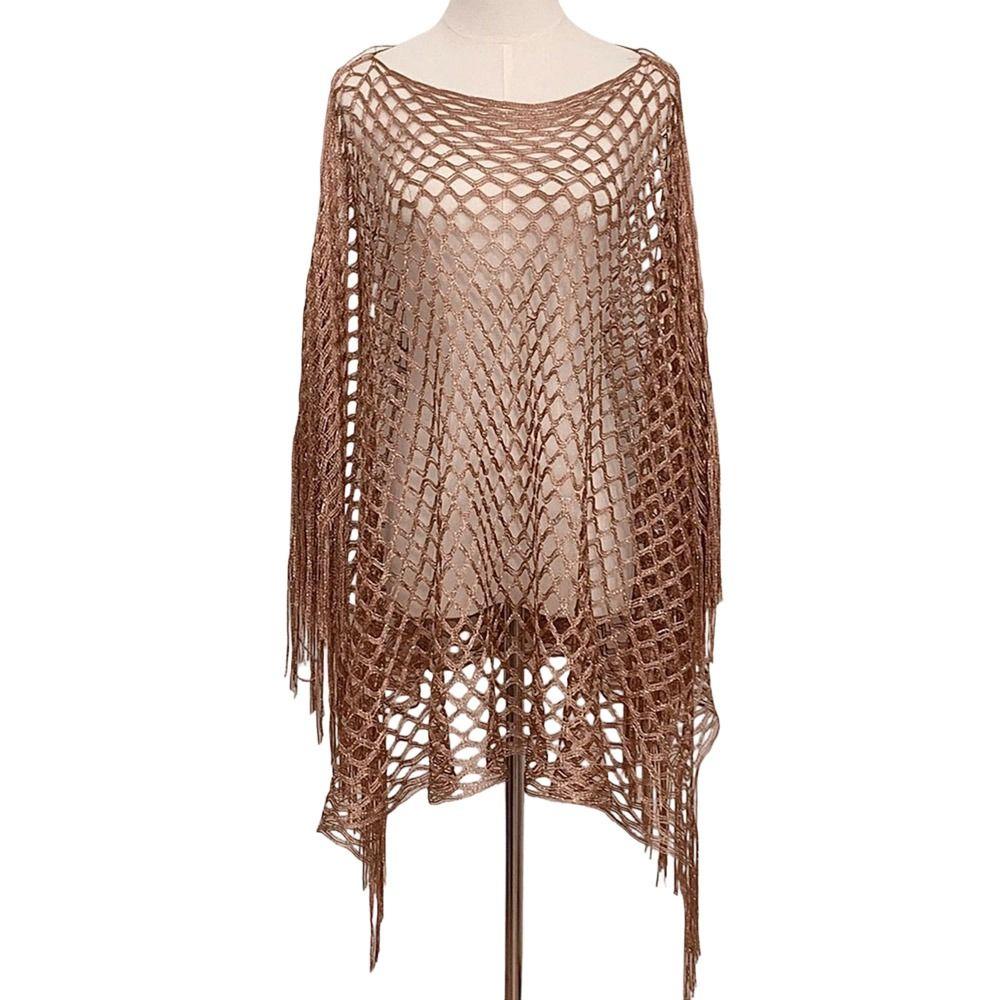 Knitted Shawl Jacket Gold Silver Wire Mesh Poncho Simple Design Cover Up  Vacation