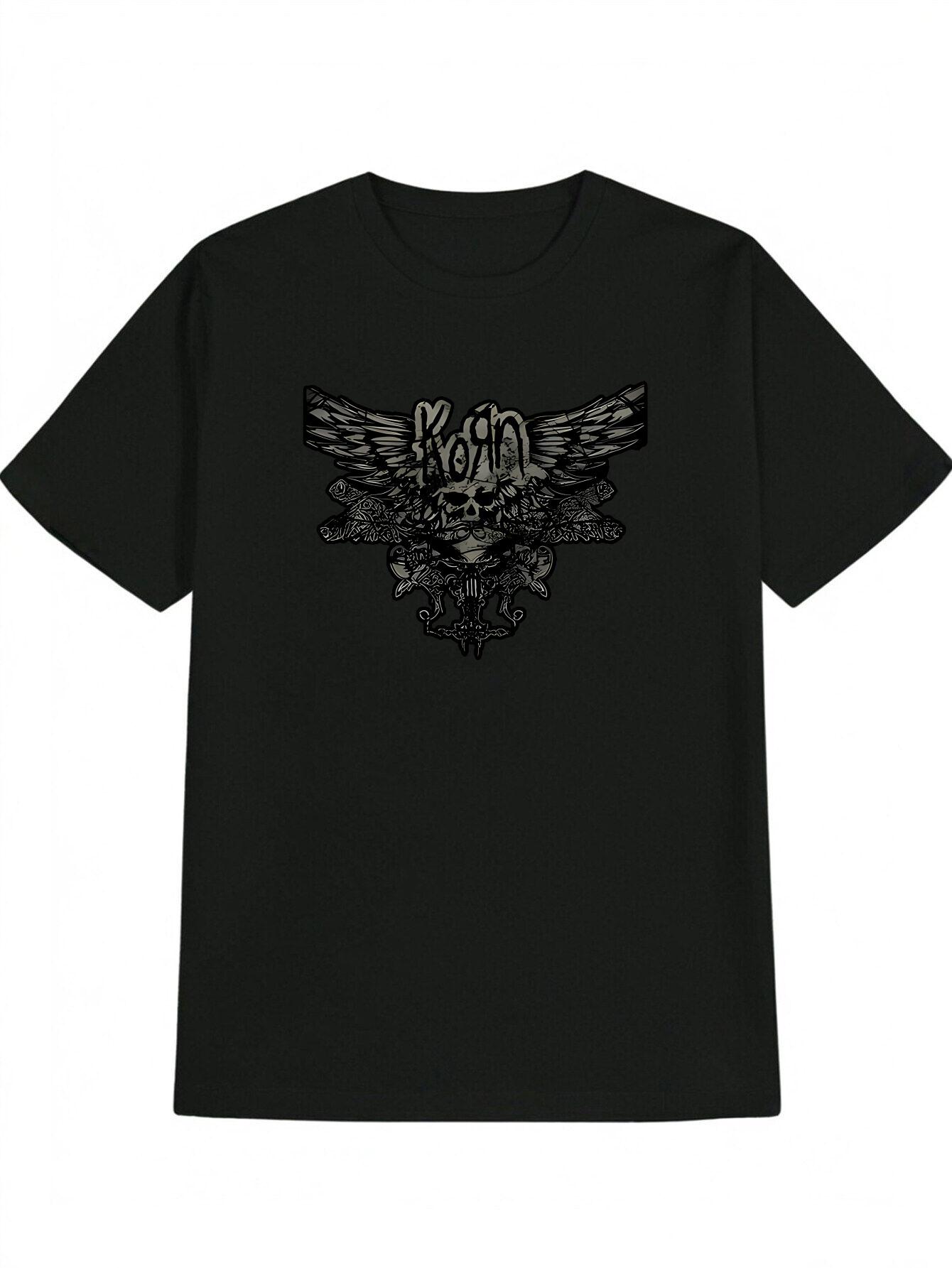 Casual Short Sleeve T-shirt with Skull & Wings Print - Black Round Neck Summer Top XXL