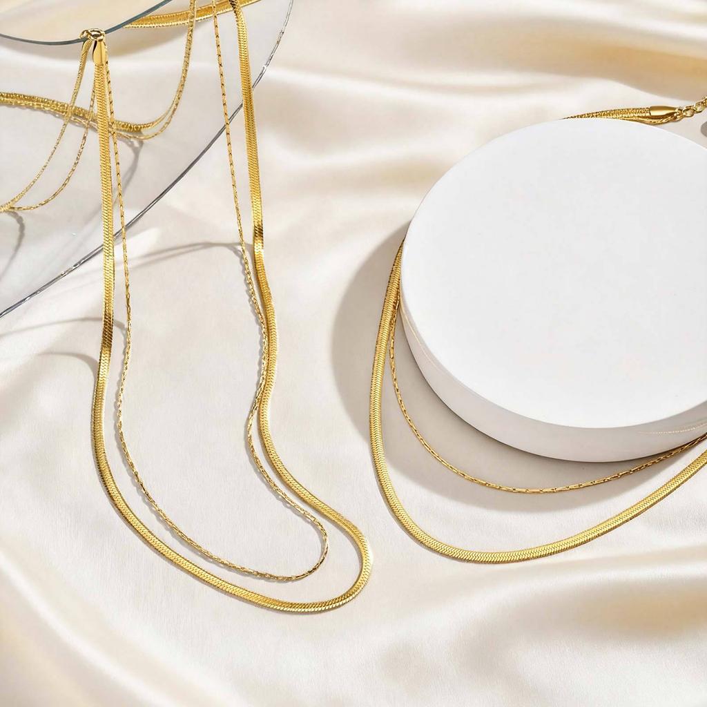 18K Gold-Plated Stainless Steel Blade Chain Hammer Round Chain Double-Layer Necklace Wind Simple Collarbone Chain Female Nc-1367