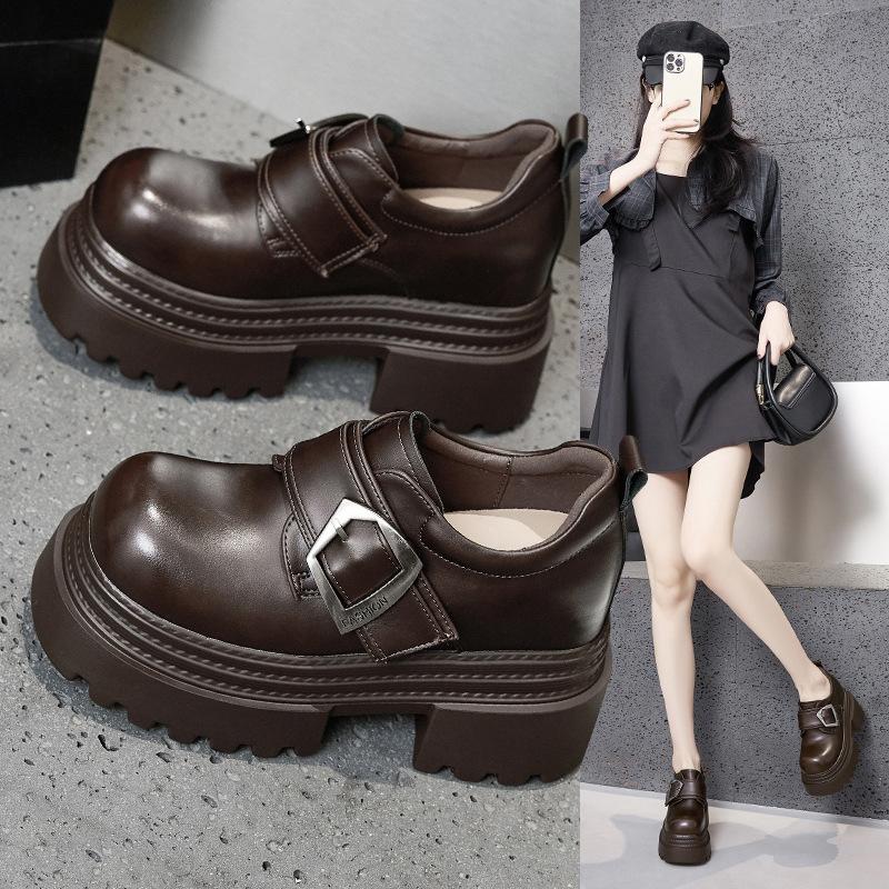 Platform-soled Loafers Women's 2025 Spring New Inner Height-increasing Women's Shoes Thick Heel and Thin One-pedal Metal Buckle Small Leather Shoes