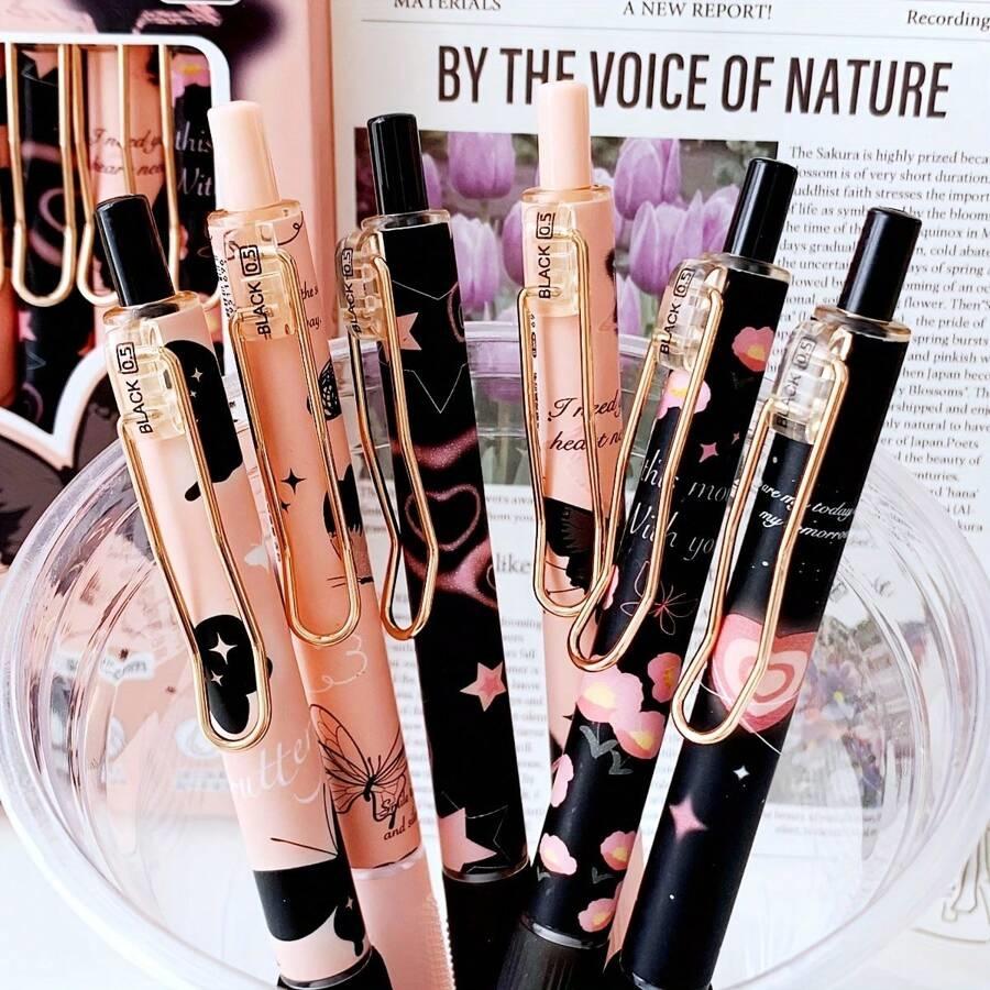 6pcs Butterfly Gel Pen Set 0.5mm Black Ink Flower Rose Sweet Ballpoint Pens for Writing Student School Supplies