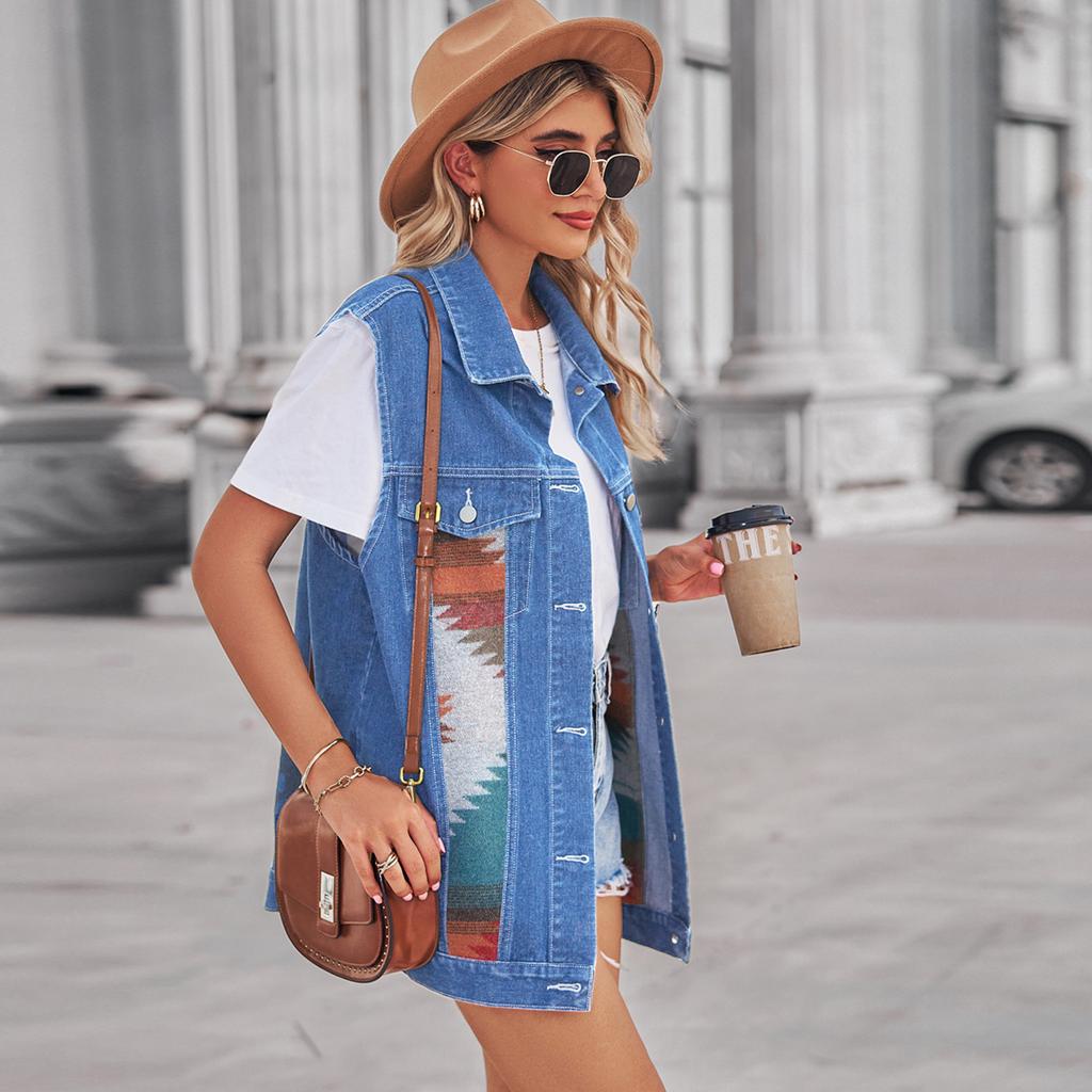 New Retro Geometric Denim Color Blocking Vest Jacket for Loose and Casual Women